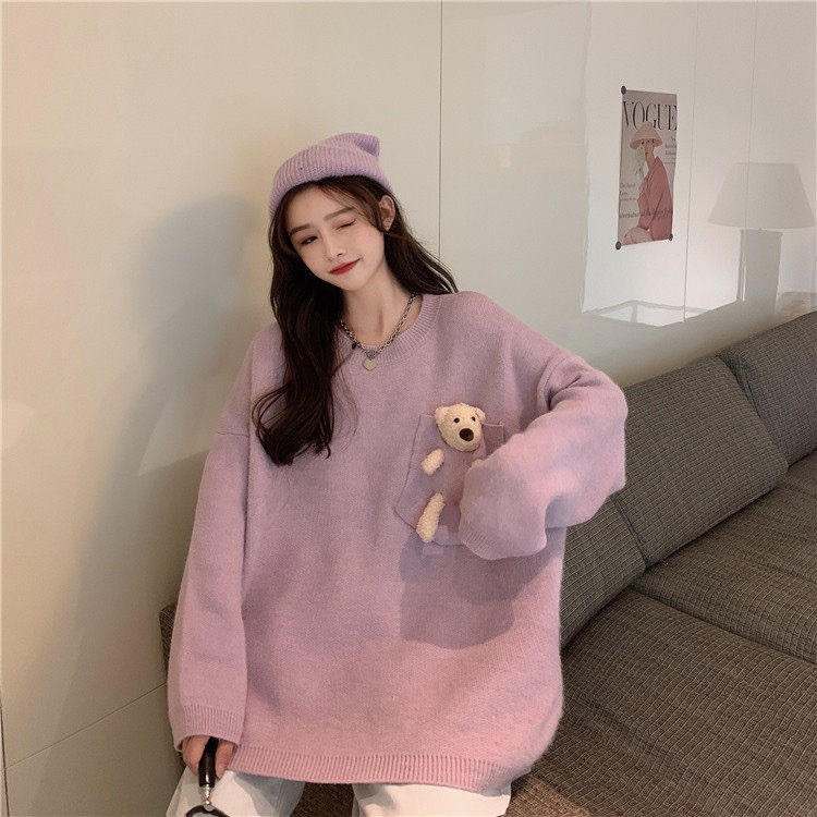 Áo Sweater dệt kim tay dài in hình gấu đáng yêu cho nữ | BigBuy360 - bigbuy360.vn