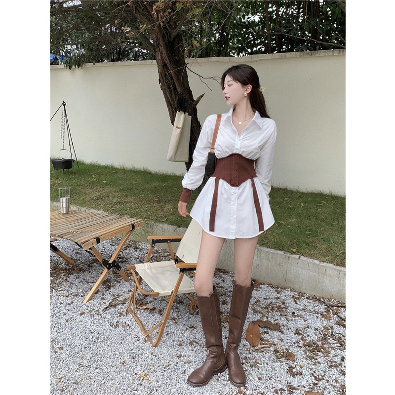 Váy áo sơ mi dài tay pha len tăm phong cách Retro JOLI Clothing V104