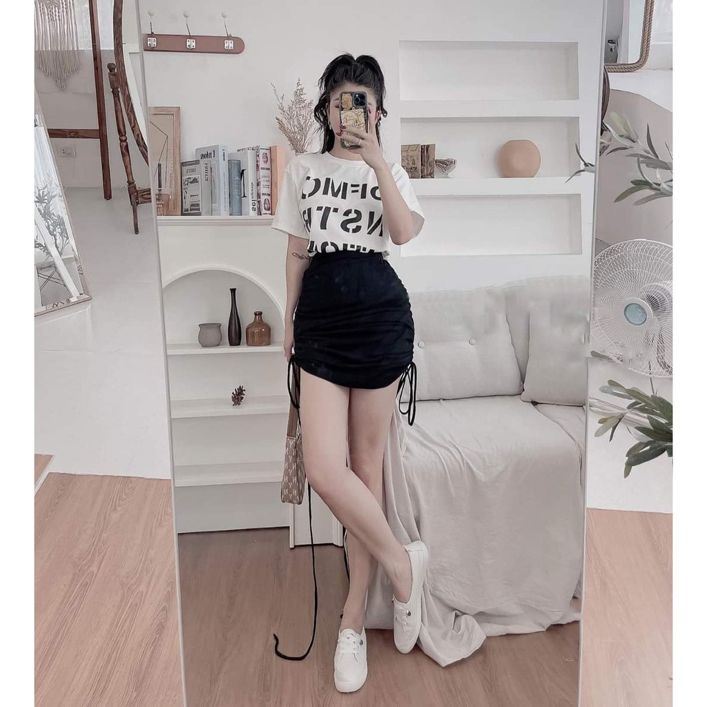 [Mẫu Mới] Sét Áo In Chử Kèm Chân Váy Ngắn Rút Dây Thời Trang Nữ Sam Closet Free Size 40-55kg