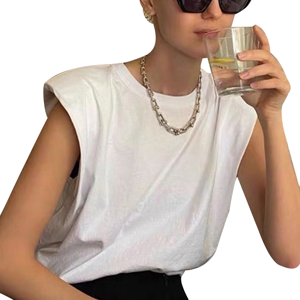 Áo thun ba lỗ vai đệm cổ tròn màu trơn cho nữ