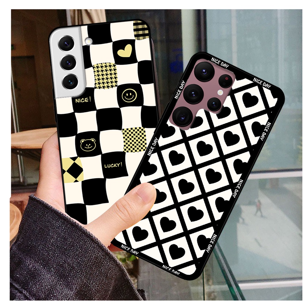 Ốp lưng Samsung S22 - S22 PLus - S22 Ultra - S22+ in hoạ tiết caro trái tim đen trắng, gấu bear cute đáng yêu