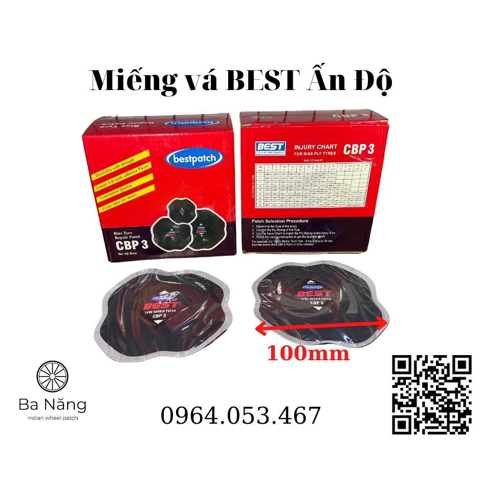 Miếng vá vỏ, vá lốp xe tải, máy cày, ôtô CBP3 (100x100mm) bố chéo