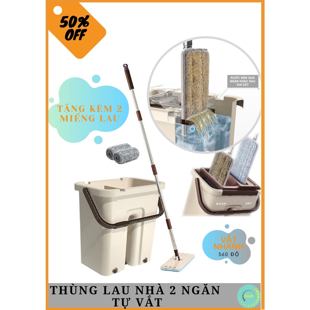 Bộ cây lau nhà tự vắt thông minh cao cấp 360 độ - Bộ cây chổi lau nhà kèm thùng tự gạt nước thông minh 2 ngăn cao cấp