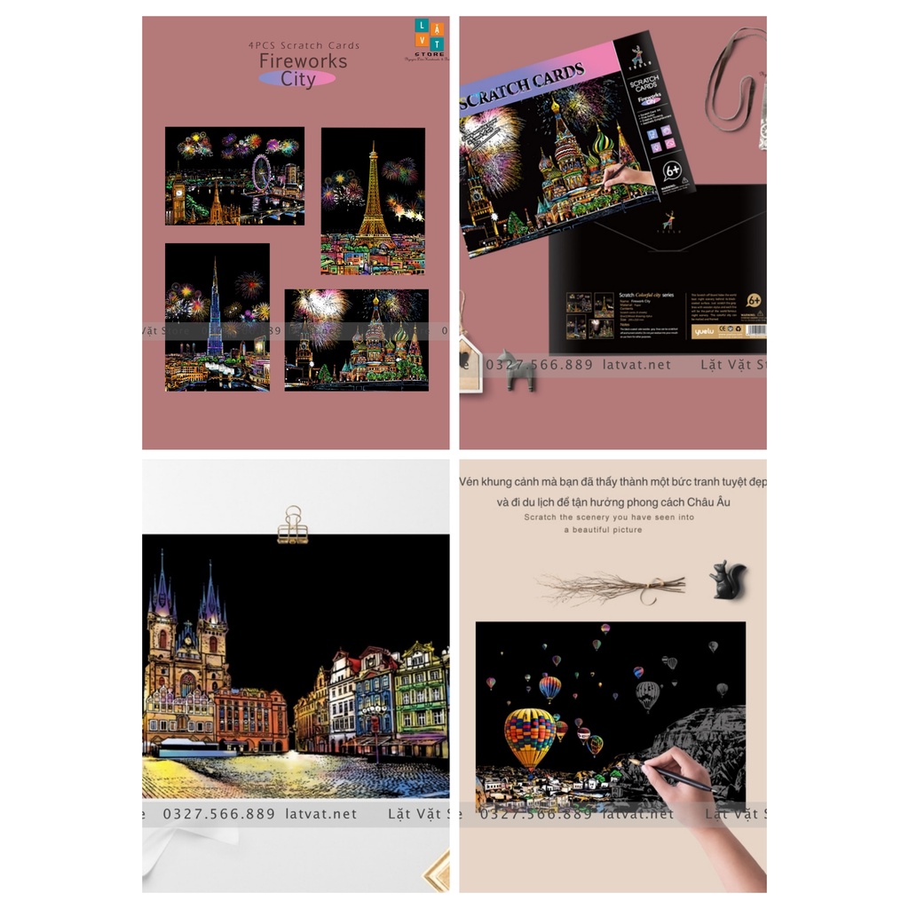 Tranh cạo khổ A4 - Color Night Scene Scratch II, tranh treo tường, trang trí đơn giản, quà tặng, decor nhà.