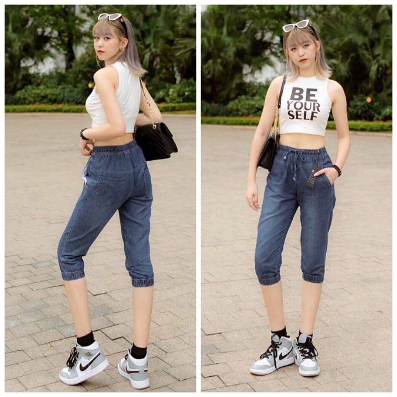 Quần jean ngố cotton nữ, quần jeans cạp chun ngố cao cấp thoáng mát