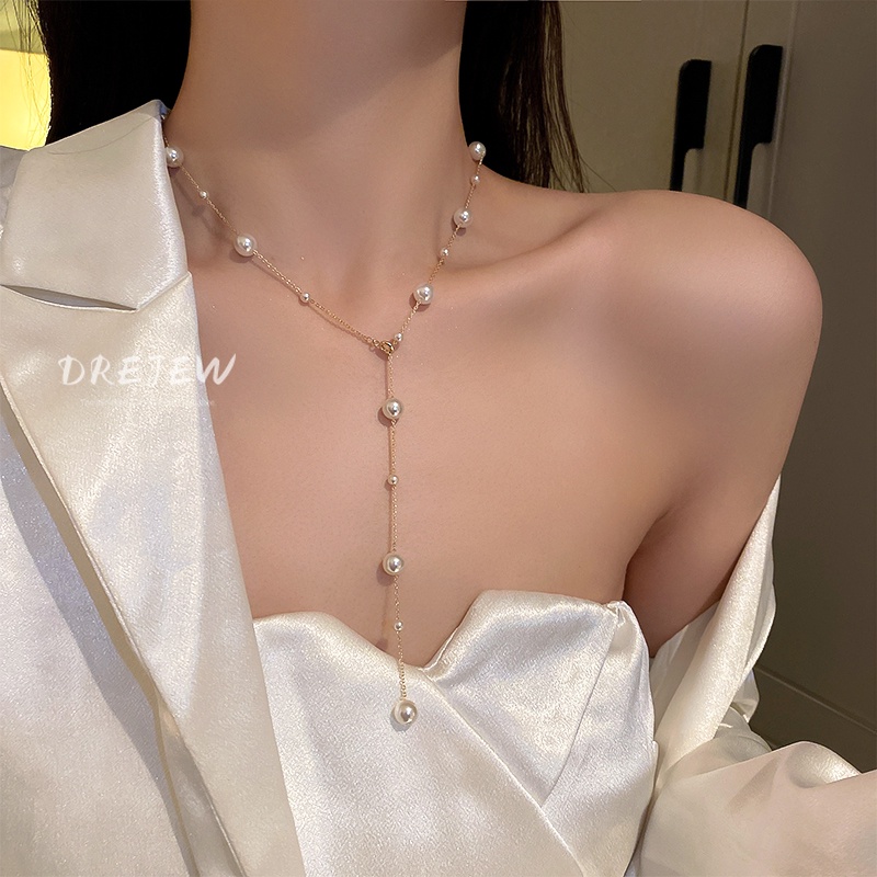 DREJEW Dây chuyền dáng dài đính ngọc trai phong cách Hàn Quốc thời trang