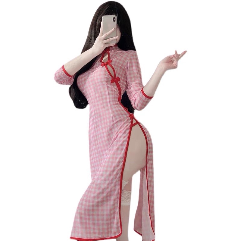 YT1499 Cosplay Nữ Sinh Cổ Trang Trung Hoa - Sườn Xám Kẻ Hồng Gợi Cảm | BigBuy360 - bigbuy360.vn