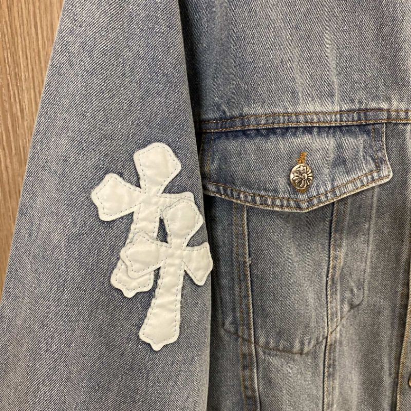 áo khoác bò jeans nam nữ dài tay họa tiết hình chữ thập chromeheart dáng oversize