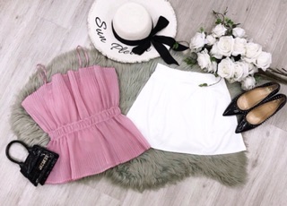 Set áo dập ly 2 dây xoè váy phi mango lọ lem