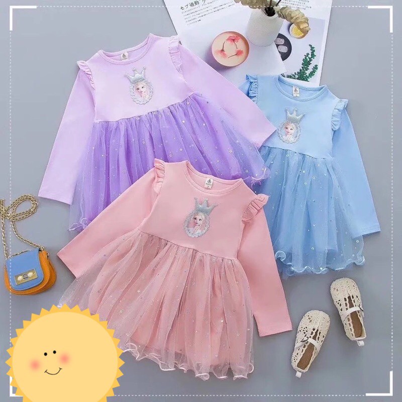Váy Elsa phối ren dài tay quảng châu cực xinh cho bé gái N109