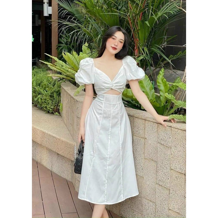 đầm xòe dáng dài tay phồng cổ tim xoắn ngực, trẻ trung đầy cá tính