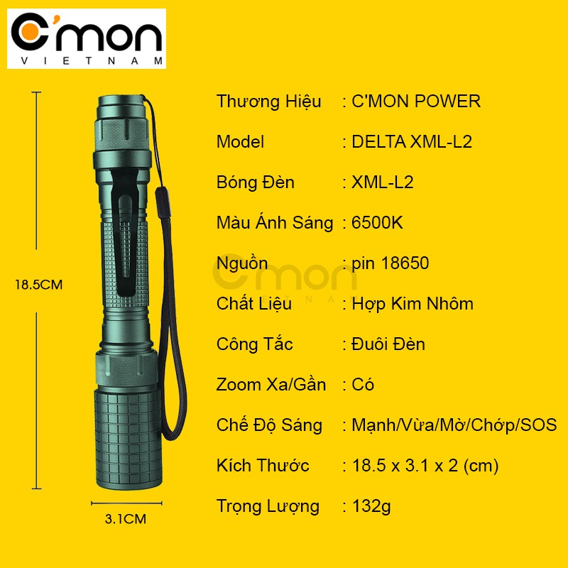 Bộ 1 đèn pin siêu sáng C'mon Power DELTA XML-L2 + 2 pin sạc + bộ sạc đôi nhanh USB 1A