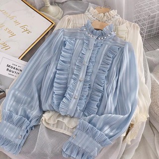 [HÀNG ORDER] Áo sơ mi voan organza cổ tròn bèo đính ngọc tiểu thư Quảng Châu
