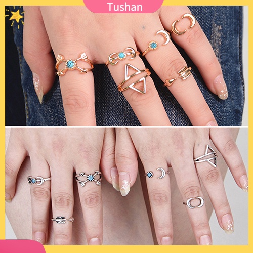 Bộ 6 nhẫn đính ngọc lam hình mũi tên/ mặt trăng/ tam giác phong cách retro dân tộc