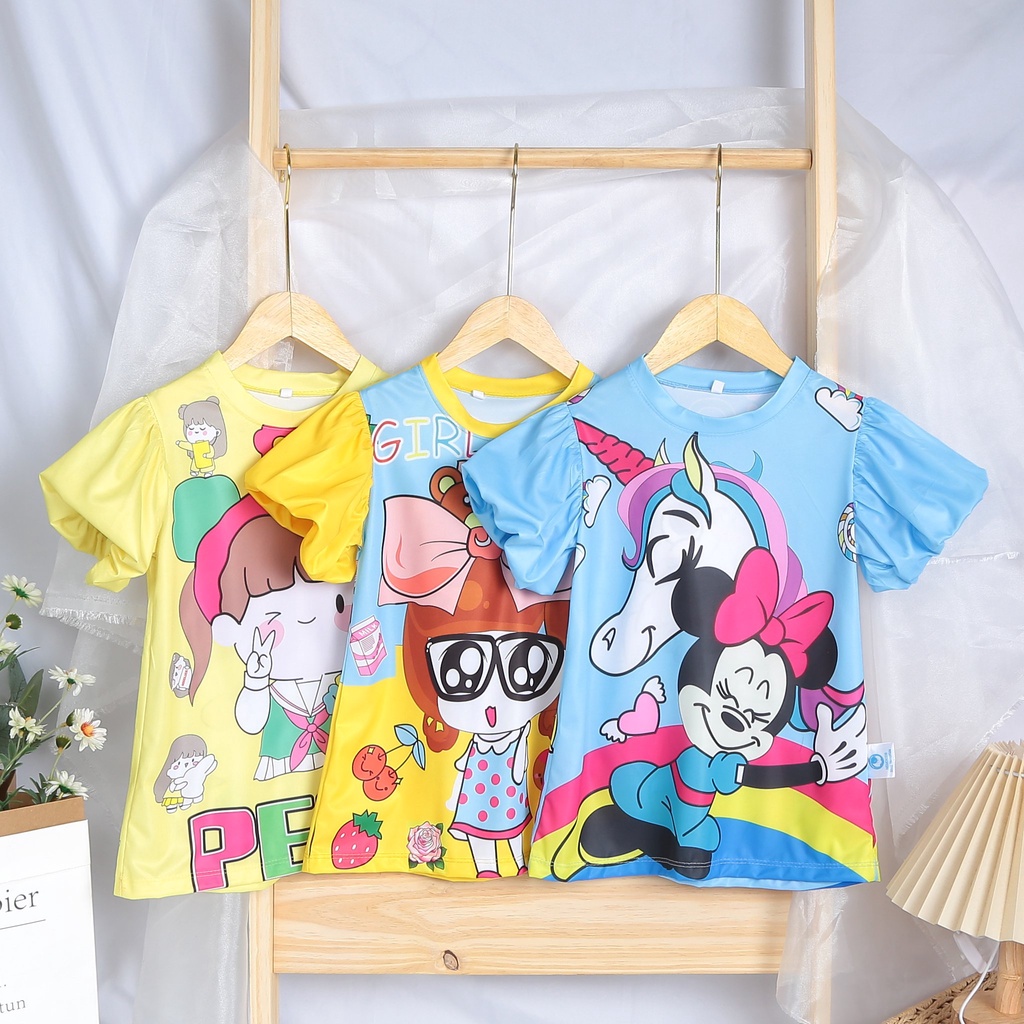 Set 3 đầm bé gái-tay phồng chất liệu thun dày sill lạnh in hình 3d dễ thương từ 9kg đến 29kg- HOÀNG NAM KIDS