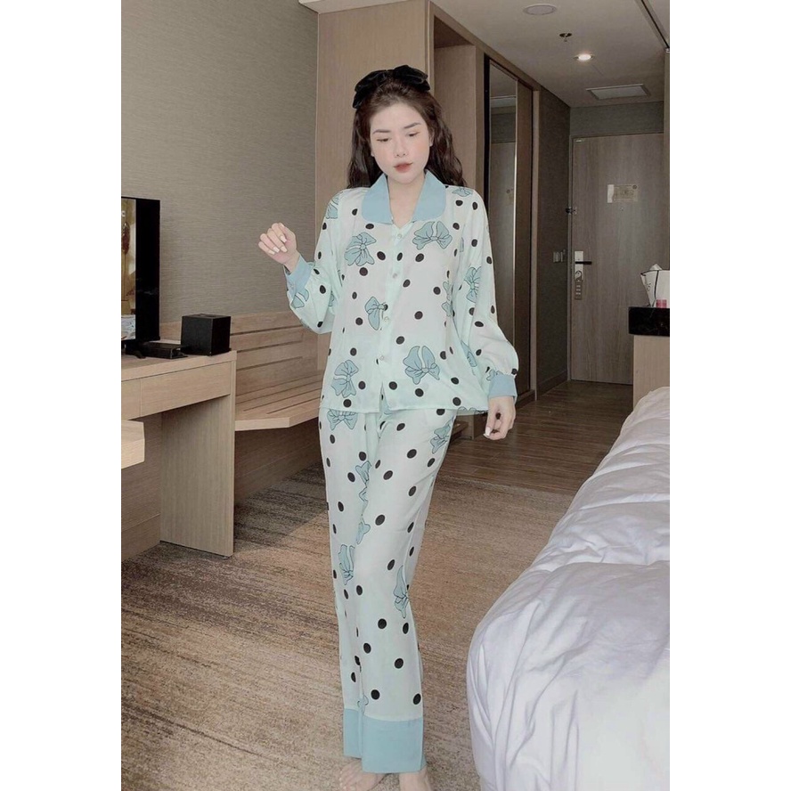 THANH LÍ Bộ ngủ nữ pyjama tay dài quần dài freesize 40-55kg vừa