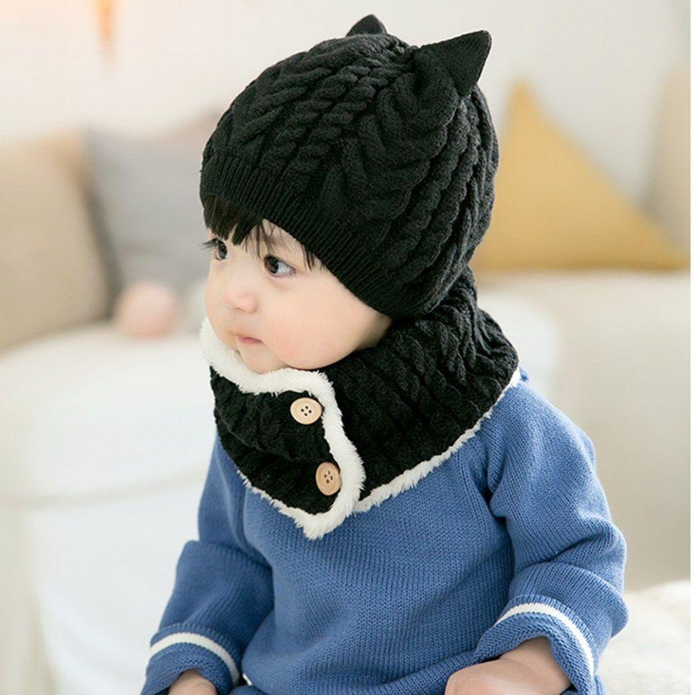 Set 1 Mũ Len Kèm Khăn Choàng Cổ Màu Trơn Giữ Ấm Mùa Đông Cho Bé