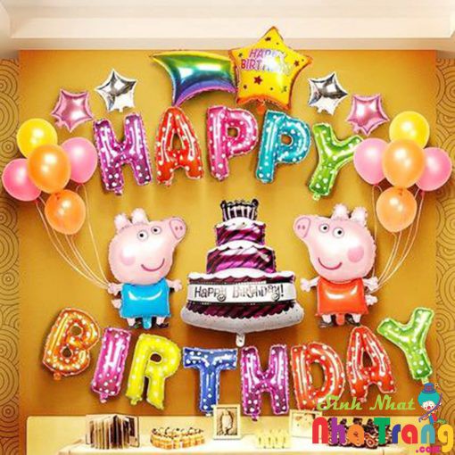 Set bóng trang trí sinh nhật chủ đề heo Peppa Tặng kèm Bơm tay băng dính