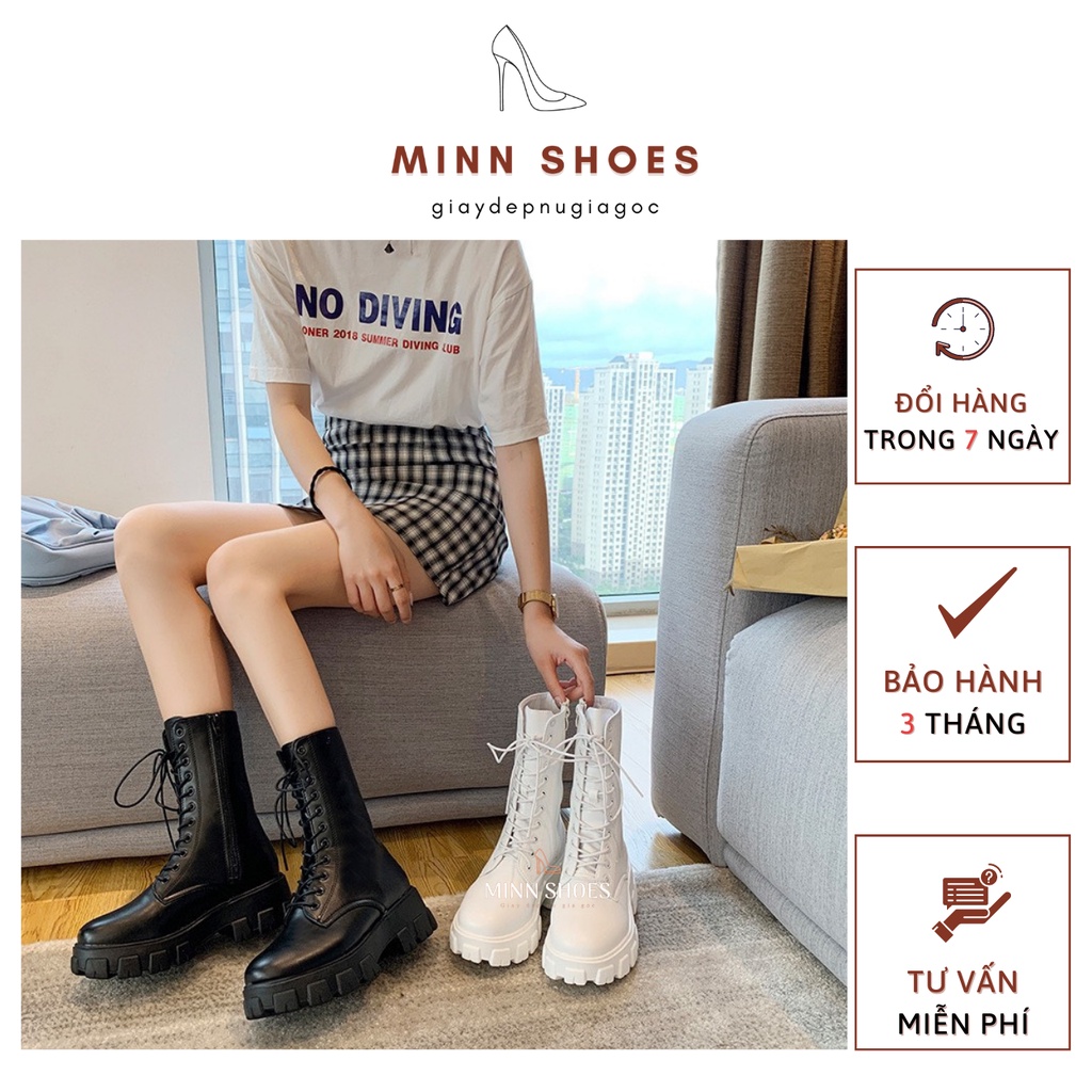 Bốt dây cổ cao 20cm ulzzang khóa kéo đế vuông 5cm 2 màu đen trắng thời trang thu đông 2021 (B3) | BigBuy360 - bigbuy360.vn