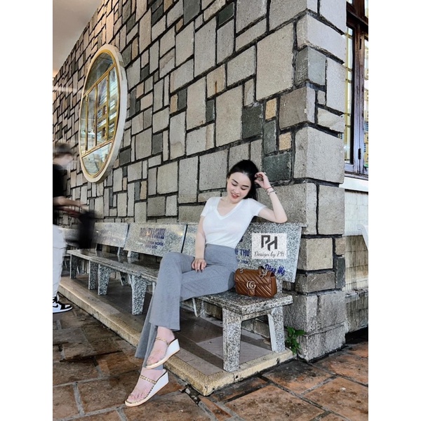 Set áo phông + quần loe ghi