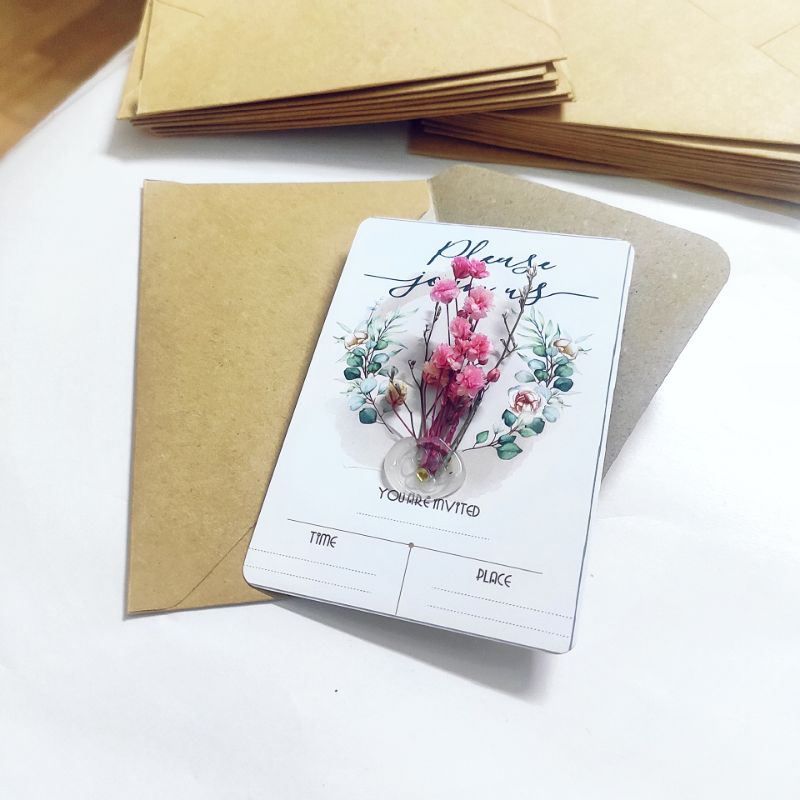 Set 10 THIỆP MỜI HOA KHÔ Mini + dấu sáp mời dự tiệc sinh nhật, lễ kỉ niệm, sự kiện khai trương, party ăn mừng