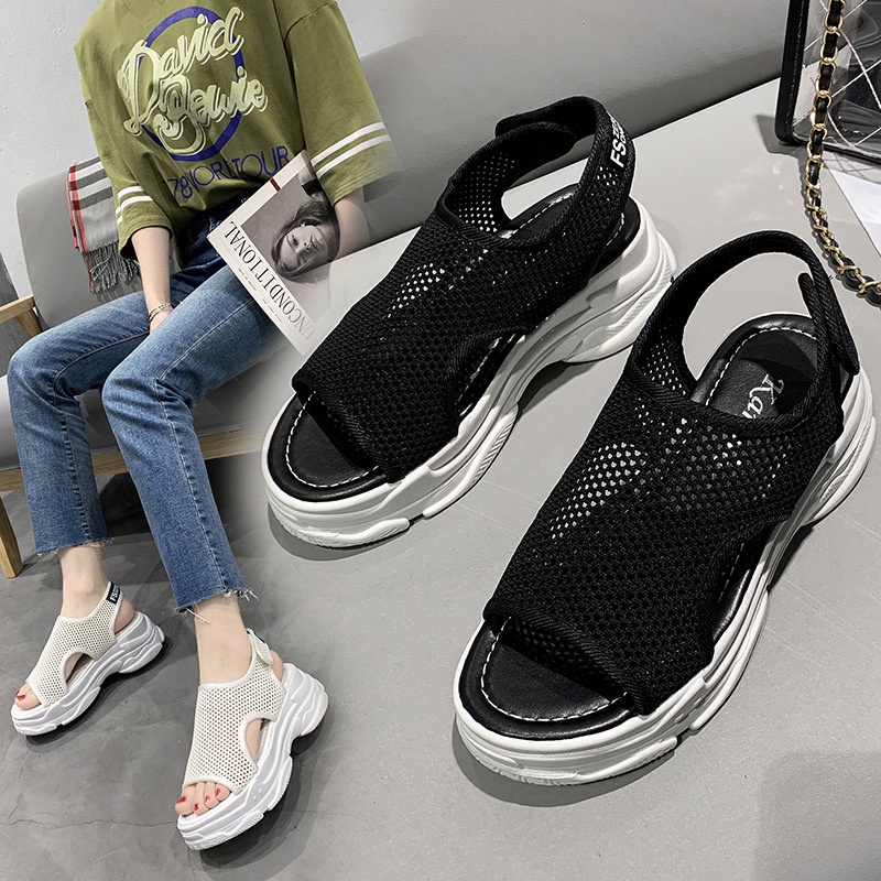 Giày Sandal Thể Thao Mùa Hè Năm 2021 Thoáng Khí Hở Mũi Gót Cao Quai Dán Phối Lưới Thoáng Khí Cho Nữ