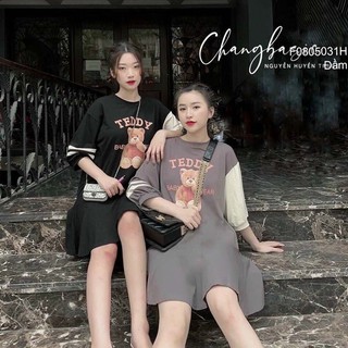 Đầm thun dáng suông đuôi cá in chữ hình gấu tay lửng phối màu pha sọc!