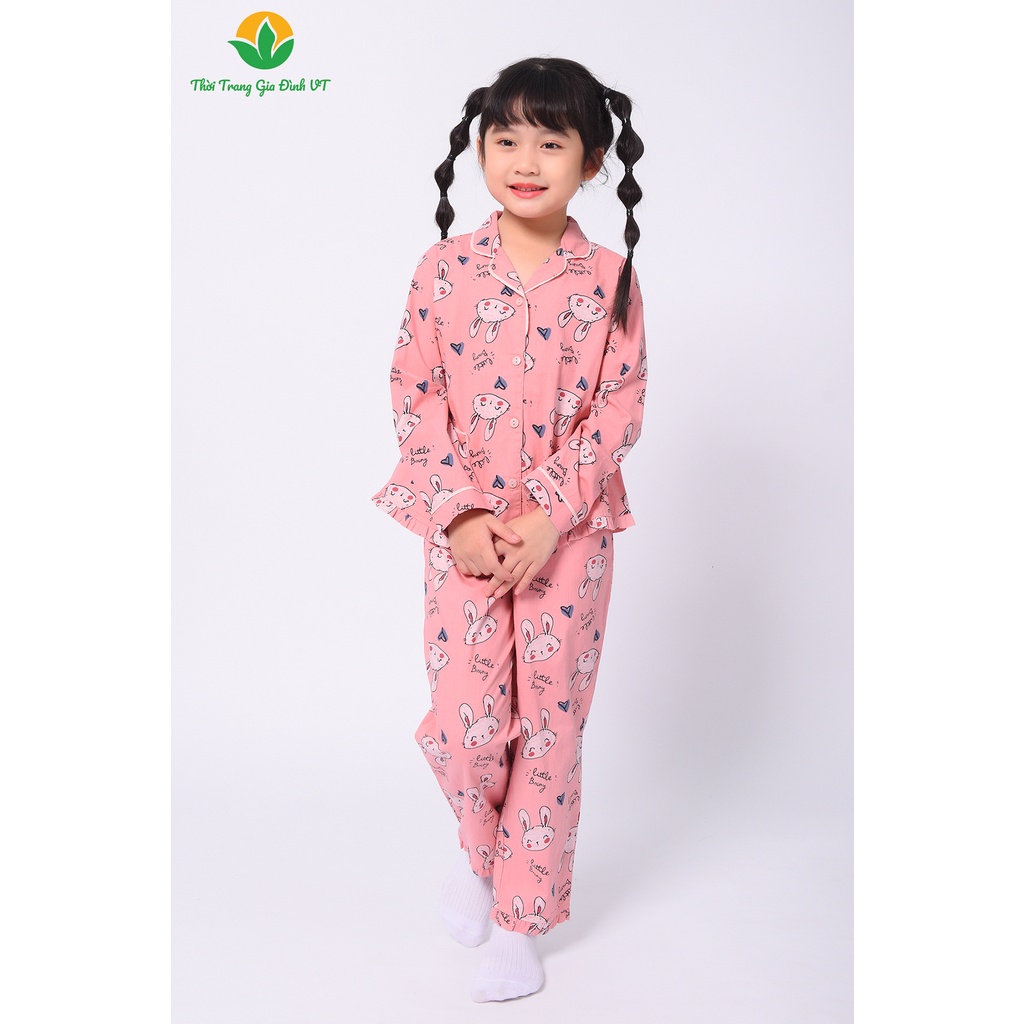 Bộ cotton pijama mặc nhà cho bé gái thu đông Việt Thắng, quần dài, áo dài tay - B70.2204