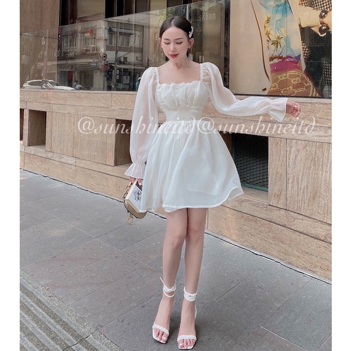 Đầm Voan Trắng Tay Dài Cột Nơ Sau Váy Hở Lưng công Chúa Tiểu Thư Kỷ Yếu Dự Tiệc