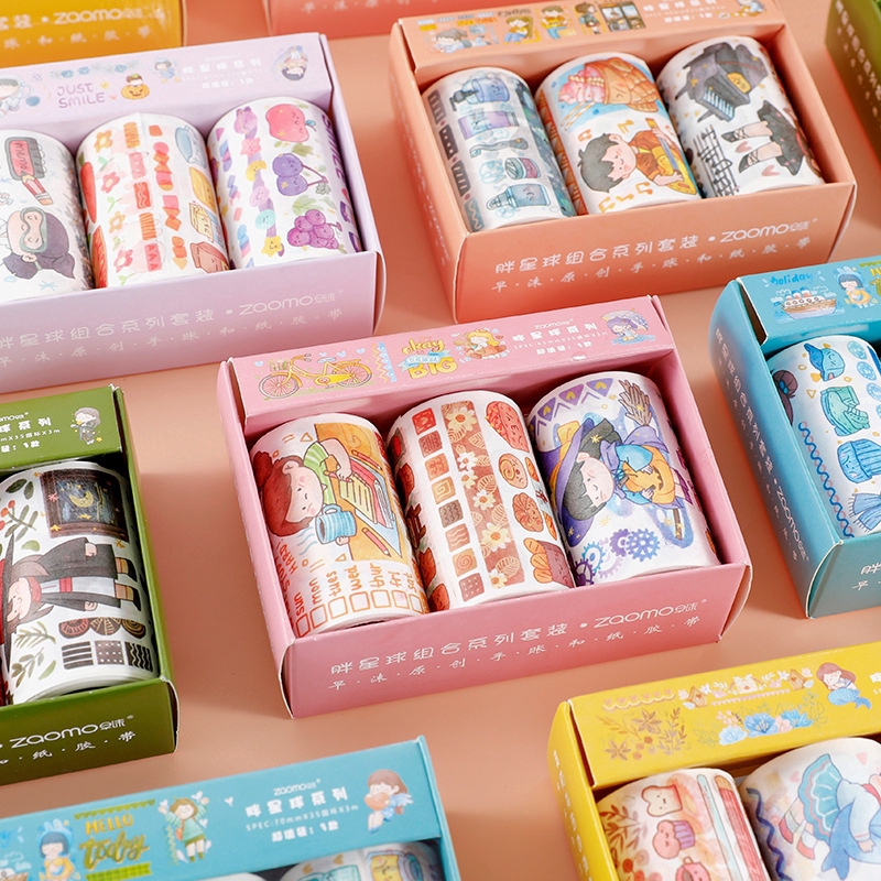 Set 3 cuộn giấy dán washi trang trí họa tiết hành tinh dành cho sổ lưu niệm/ văn phòng phẩm