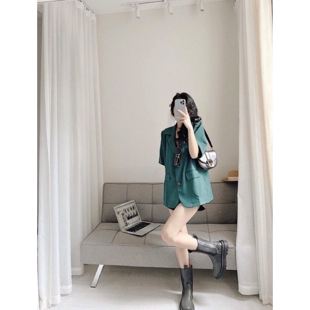 Áo Vest blazer xanh cộc tay hot trend vải tuyết mưa dày dặn đẹp