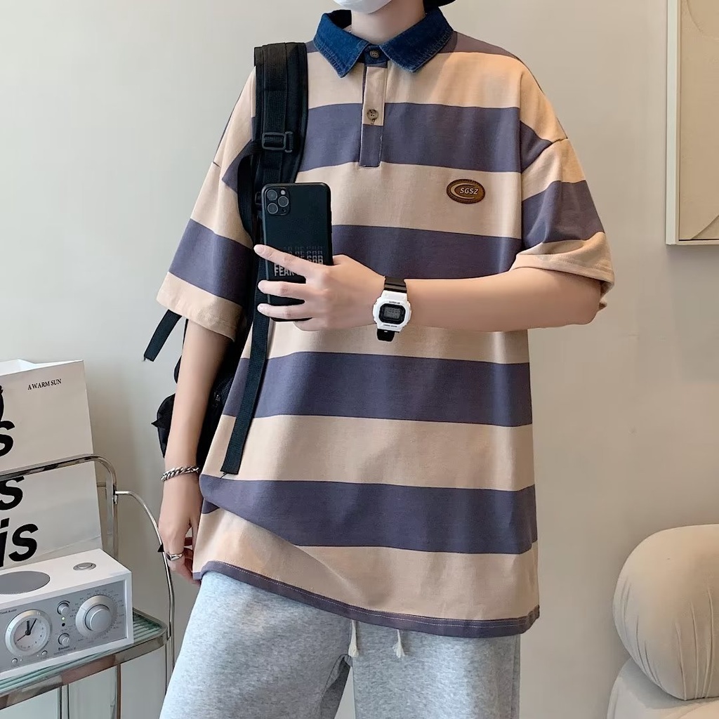 Áo Thun POLO Tay Ngắn Dáng Rộng Thoáng Khí In Họa Tiết Kẻ Sọc Phong Cách hip hop Đường Phố Hàn Quốc Thời Trang Mùa Hè Cho Nam