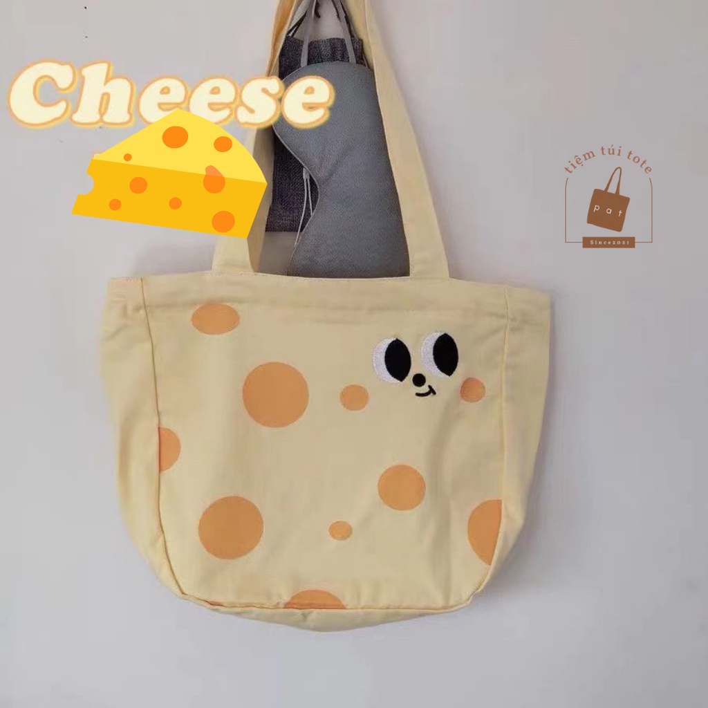 Túi canvas mini đeo vai in họa tiết cheese with eyes có dây kéo và túi trong vừa A4 TP17 | tiemtuitotebypat