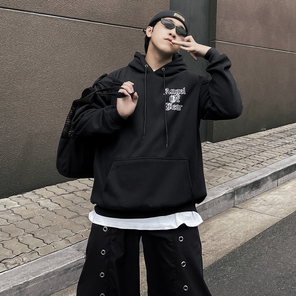 Áo Hoodie Wash Đen Angel Of Fear Form Rộng rãi Thoải Mái Unisex Chất Liệu 100% Cotton Hình In Sắc Nét Wash Đá Bọt