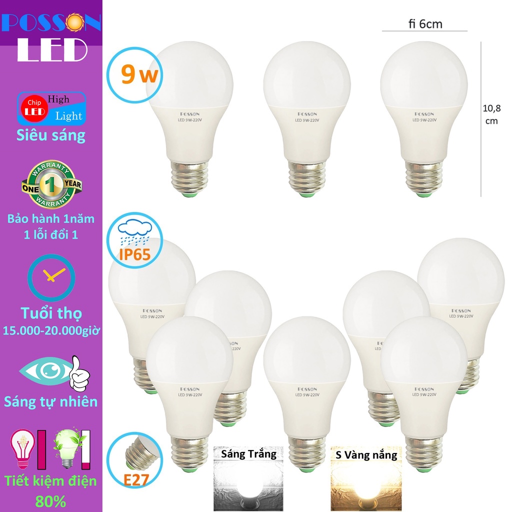 10 Bóng đèn Led 9w 10w bup tròn A60 tiết kiệm điện kín chống nước Posson SG LB-9x