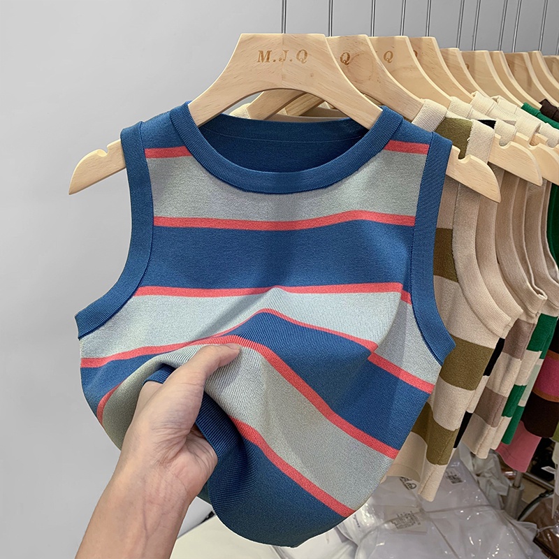 Áo Dệt Kim Sát Nách Dáng Ngắn Họa Tiết Kẻ Sọc Thời Trang Mùa Hè Cho Nữ 54257