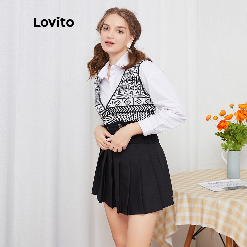 Áo sweater Lovito không tay cổ chữ V thiết kế hình học phong cách Preppy L08206 (Màu đen) | BigBuy360 - bigbuy360.vn