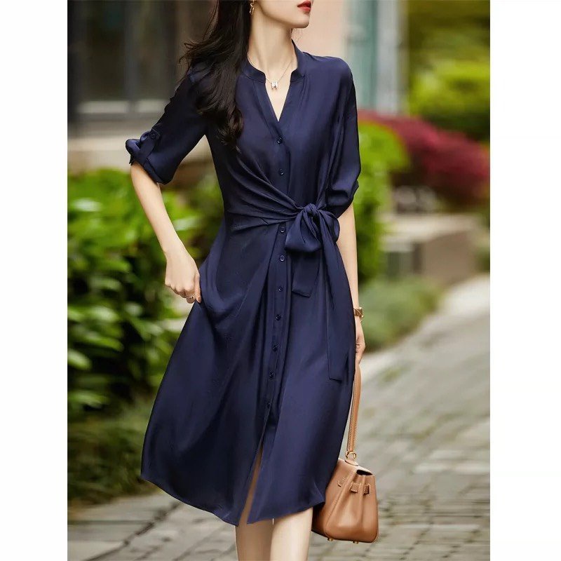 Đầm công sở màu xanh than thắt nơ eo thanh lịch - Talia Dress - Helen Boutique