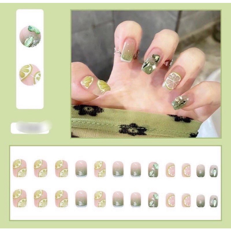 [Mã 29 ] Bộ 24 móng tay giả hình quả chanh đính đá