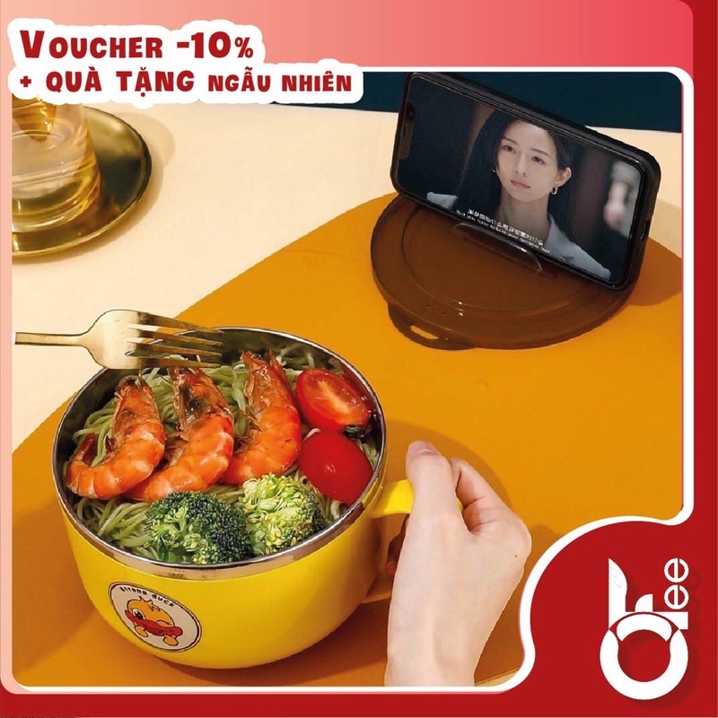Bát ăn mì cách nhiệt Vịt Vàng dễ thương có tay cầm, Ca nấu mì cute có nắp giá đỡ điện thoại - OFee