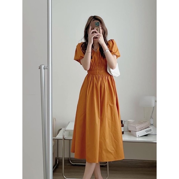 Váy midi cổ V tay bồng bo chun eo có 3 màu