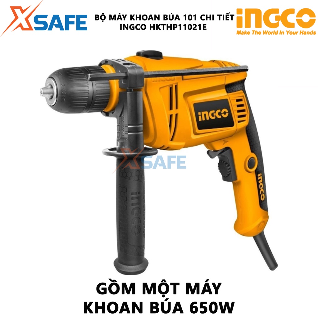 Bộ máy khoan búa cầm tay 650W 13mm kèm 100 dụng cụ INGCO HKTHP11021E -Gồm 1 máy khoan cầm tay công suất 650w và phụ kiện