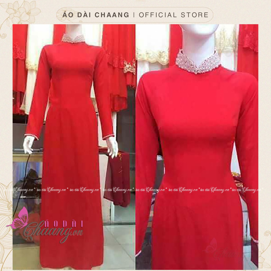 Áo Dài Đỏ Truyền Thống May Sẵn Thiết Kế Đính Tủa Cổ Phủ Ngọc Đẹp Cao Cấp