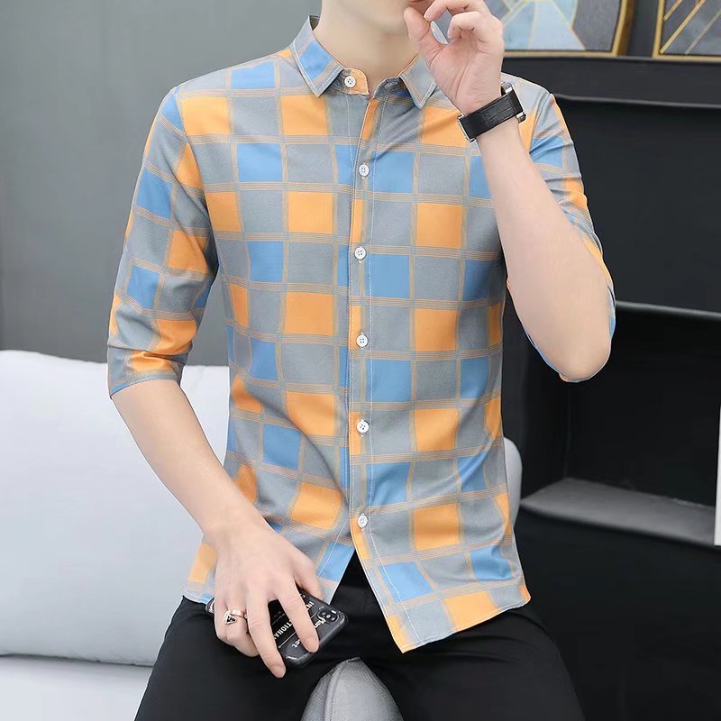 Áo Sơ Mi Tay Lửng Kẻ Sọc Ca Rô Dáng Ôm Phong Cách Hàn Quốc Thời Trang Xuân Hè Cho Nam Size M-3xl