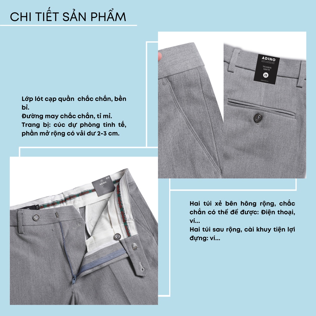 Quần âu nam ADINO màu ghi sáng vải cotton dày không bai không xù co giãn nhẹ dáng công sở slimfit ống đứng hơi côn QA116