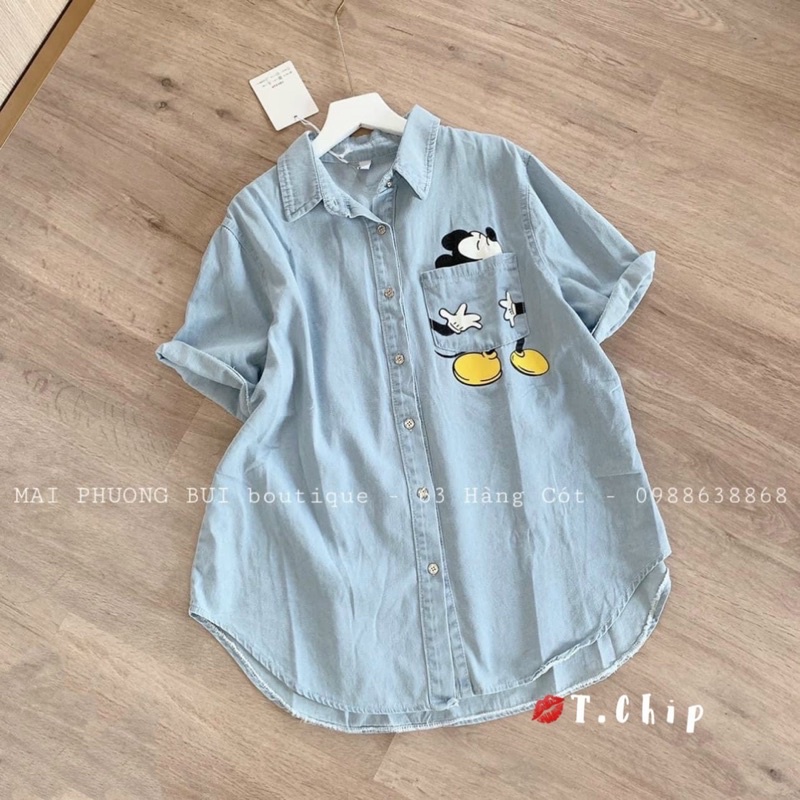 Áo sơ mi tay lỡ bò thụng chuột micky/ áo sơ my phom thụng đuôi tôm | BigBuy360 - bigbuy360.vn