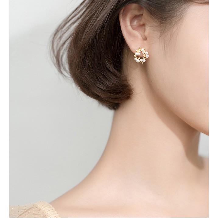 Khuyên tai bạc cecy dạng hạt đan xen đá vòng tròn xinh xắn phong cách đơn giản hàn quốc cho nữ