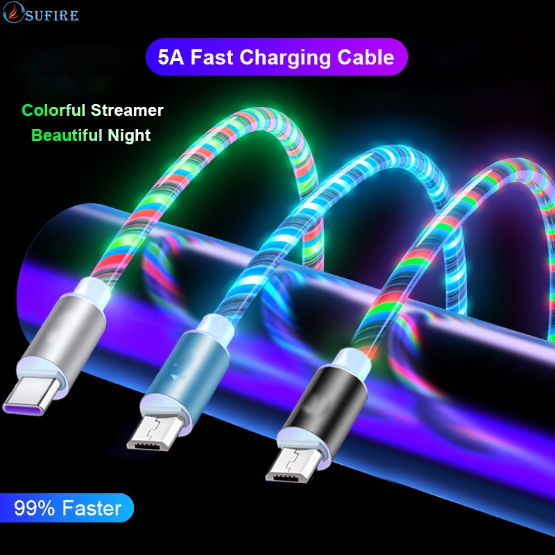 Cáp Sạc Nhanh 5A Có Đèn LED Nhiều Màu Sắc Cổng Micro USB/Type-C Cho Điện Thoại Di Động