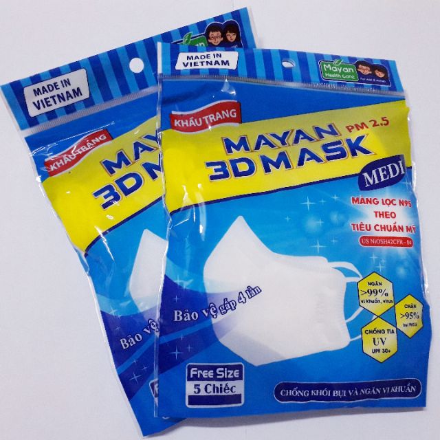 Khẩu Trang Mayan 3D Mask 5 Cái - khẩu trang y tế đa năng 4 lớp PM 2.5 màng lọc micro filter N95 lọc bụi mịn màu trắng