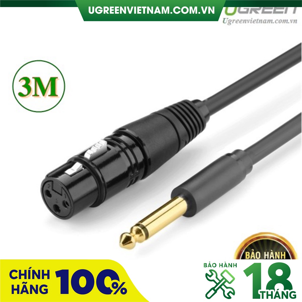 Cáp chuyển đổi từ 6.5mm sang AV Cannon (XLR) âm dài 3m cho microphone, stereo, mixer chính hãng Ugreen 20720
